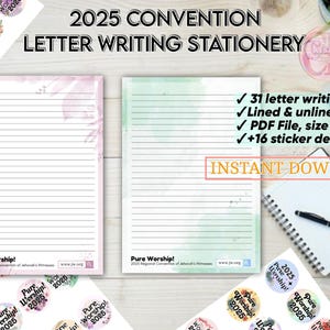 Adoración Pura de los Testigos de Jehová, 31 páginas imprimibles + 16 diseños de pegatinas, paquete de cartas para la Convención de los Testigos de Jehová 2025, descarga digital
