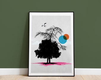 Poster - Tree - Collage-like nature illustration - Geometric design - Surreal - Pink Blue Red - Mural in many sizes possible