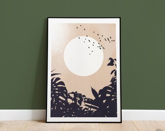 Poster - Moon Beige - Boho Jungle Image - Geometric Art - Moon Birds and Plants - Relaxed mural in many sizes possible