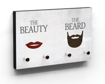 Schlüsselbrett Beauty & Beard - Für Pärchen - Schöne Frau und Mann mit Bart - Deko für den Flur - Hochzeit - Pärchengeschenk - 4 Haken