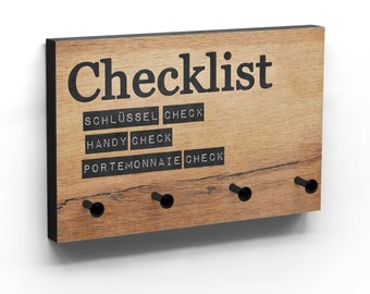 Schlüsselbrett mit Checkliste - Holzoptik und viele weitere Varianten - Hakenanzahl wählbar - Hakenfarbe Schwarz oder Silber