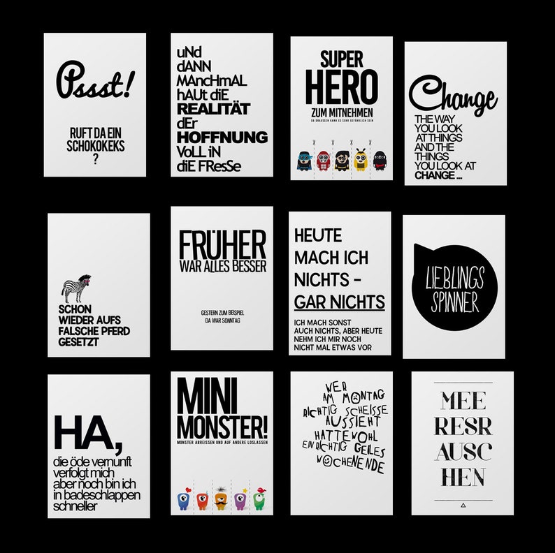  40 Sprüche Postkarten, Coole und lustige Spruch Karten, Leben, Arbeit Illustration 