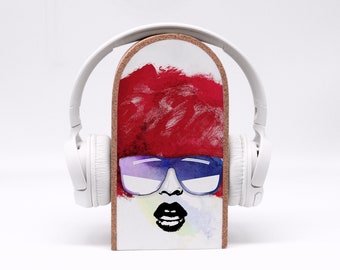 Headphone Stand - Funky Retro Girl - Red Hair and Sunglasses - Holder for Headphones - Solid Space for Headphones on the Table