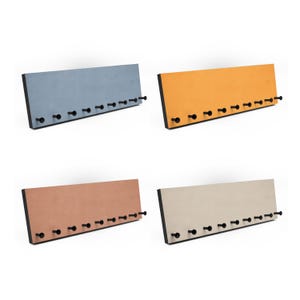 Könnte beinhalten: Vier rechteckige, an der Wand montierte Garderoben in verschiedenen Farben: Blau, Orange, Braun und Beige. Jede Garderobe hat einen schwarzen Rand und verfügt über acht schwarze Haken zum Aufhängen von Gegenständen. Die Garderoben sind für die Organisation von Mänteln, Hüten oder anderem Zubehör konzipiert.