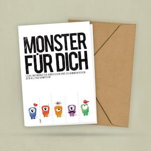 Abreisskarte - Monster für Dich - Kampf gegen den Alltag - Süße Postkarte zum Aufhängen - Namen Personalisierbar - 2 Karten - 1 Umschlag