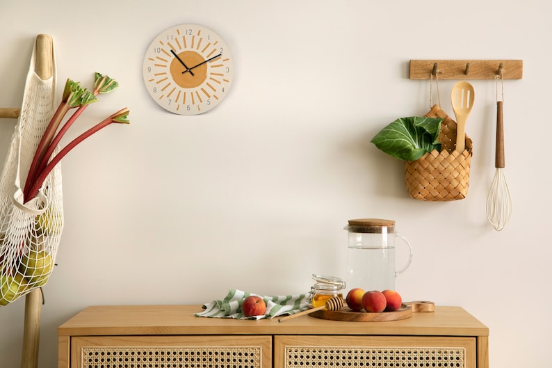Beige Boho Wall Clock - Sun - Sunny, natural, cozy decor in a paintbrush style - 3 different sizes - With and without numbers - Silent clock mechanism image 3