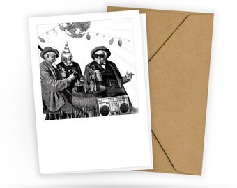 Geburtstagskarte - Alte Männer Party - Postkarte für Freunde und Kumpels - 30  40 Jahre - Retro Vintage - Zeichung - 2 Karten und 1 Umschlag