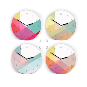 Colorful wall clock with numbers - overlay design - 4 patterns to choose from - 3 sizes - from mini to large - easy to read - quiet movement