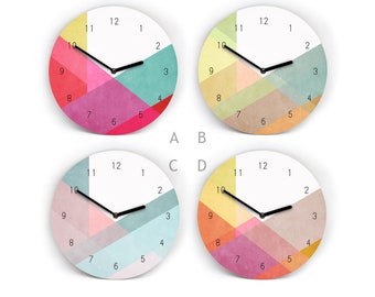 Colorful wall clock with numbers - overlay design - 4 patterns to choose from - 3 sizes - from mini to large - easy to read - quiet movement