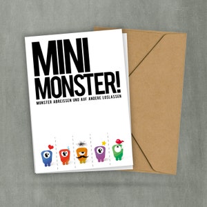 Postkarte - Abreißkarte - Mini Monster abreißen und auf andere loslassen - zum Aufhängen oder Verschenken - 2 Karten und  1 Umschlag