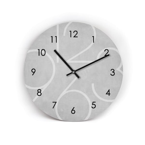 Könnte beinhalten: Eine runde, graue Wanduhr mit großen weißen Ziffern und schwarzen Zeigern. Das Zifferblatt hat eine strukturierte Oberfläche. Die Zeiger zeigen auf 10:10 Uhr. Ein modernes, minimalistisches Design für die Inneneinrichtung.