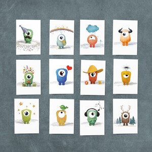 Schmunzel MONSTER - Einäugige süße Figuren zum Aufhängen oder Verschenken- Postkarten A6 oder A5 oder Klappkarten + Briefumschläge