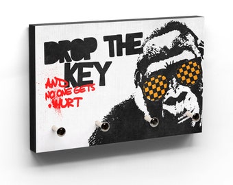 Schlüsselbrett Big Monkey - Drop the key and no one gets hurt - Lustige Ansage - Gorilla mit Sonnenbrille - Cooler Style - Deko Flur
