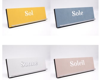 Porte-lunettes de soleil - Le mot soleil dans différentes langues - Français - Italien - Allemand - Suédois - Avec choix de couleurs