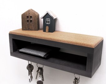 Chic key rack - wall rack - with 5 - 7 hooks - cork shelf - black wood - space for wallet, keys, cell phone - with shelf