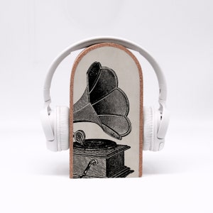 Cool headphone stand Gramophone retro drawing Solid Space for headphones on the table Music gift Order on the table image 1