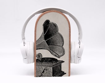 Support pour casque cool - dessin rétro gramophone - solide - espace pour écouteurs sur la table - cadeau musical - commande sur la table