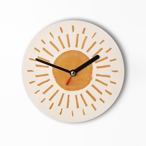Small wall clock 15 cm - Sun - Brown Beige Boho Color - Sweet decoration in a natural style - Brush look - Quiet movement - Handmade
