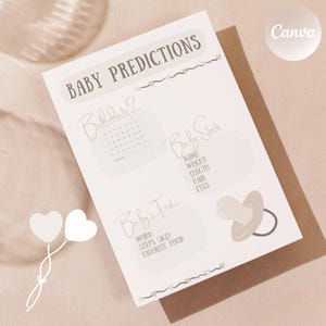 Biglietto stampabile con previsioni per baby shower beige - Design con cuori e manichini - Modello Canva