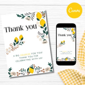 Citroen babyshower bedankkaartje, bewerkbaar, canvassjabloon, digitaal en afdrukbaar