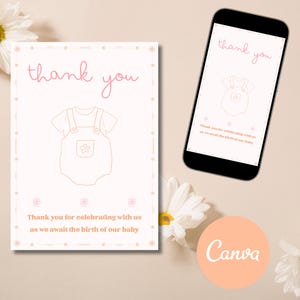 Bloemen babyshower bedankt voor genderneutrale babyshower Roze bloem bedankkaartsjabloon voor schattige boho babyshower Canva-sjabloon