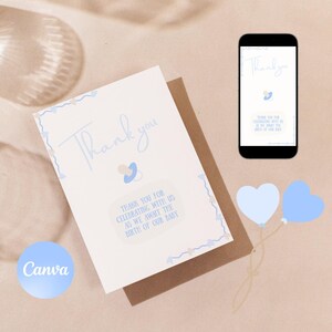 Blauwe bedankkaart voor babyshowerhartjes en dummies Eenvoudig schattig bedankkaartje voor babyshower canva