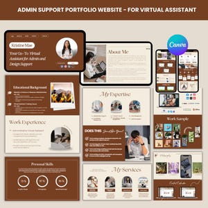 Admin Support Virtual Assistant Portfolio Website | Editable Canva Template for VA Resume & Online Portfolio | Brown Pixil TEMP 01