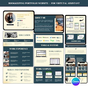 Bookkeeper Virtual Assistant Portfolio Website Template | Ready-Made VA Portfolio | Canva Editable Digital Download | Olive Arch | TEMP 01