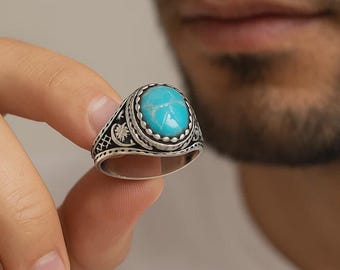 Men's Turquoise Ring in 925 Sterling Silver | Symbol of Strength and Protection | Gift for Him, Husband, Boyfriend | Anniversary, Birthday