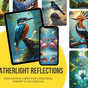 Könnte beinhalten: Digitale Kunst-Assoziationskarten mit Vögeln, dargestellt auf einem Tablet und Smartphone. Die Bilder zeigen einen Eisvogel, Flamingos und andere Vögel. Der Text lautet "FEATHERLIGHT REFLECTIONS" und "ASSOCIATION CARDS FOR COACHING, THERAPY & COUNSELING".