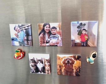 May include: A collection of square photo magnets on a stainless steel refrigerator. The magnets feature photos of a family, a dog, and cats.