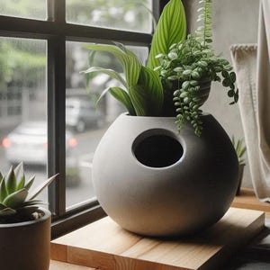 Könnte beinhalten: Ein moderner, grauer, kugelförmiger Pflanzentopf mit einer großen kreisförmigen Öffnung, der verschiedene grüne Pflanzen enthält. Der Topf steht auf einer Holzoberfläche in der Nähe eines Fensters, mit einer Sukkulente in einem kleineren Topf.