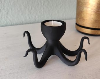 3D-geprinte octopus-theelichthouder: matzwart gotisch oceaandecor