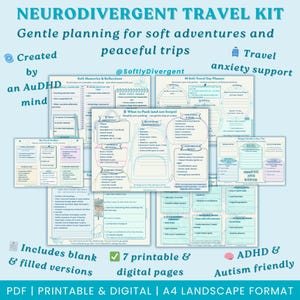 Op de afbeelding: Een afdrukbare en digitale Neurodivergent Travel Kit met een lichtblauwe achtergrond. De kit bevat 7 pagina's voor het plannen van zachte avonturen en vredige reizen. De kit is ADHD- en Autism-vriendelijk. De tekst bevat "Created by an AuDHD mind".