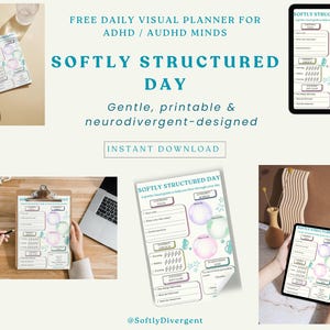 May include: A printable daily planner designed for people with ADHD and AuHD. The planner features a soft blue and pink color scheme with a whimsical design of bubbles and stars. The text "Softly Structured Day" is at the top of the page. The planner is designed to help people with ADHD and AuHD manage their day in a gentle and supportive way.