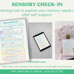 Peut inclure: Une feuille de travail imprimable de vérification sensorielle avec un design coloré. La feuille de travail comprend des questions sur ce que vous voyez, entendez, ressentez, sentez, goûtez et ce dont vous avez besoin. Le texte comprend la phrase "Accordez-vous à vos sens. Vous méritez de vous sentir en sécurité dans votre corps."