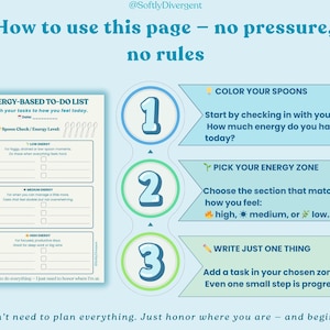 K&ouml;nnte beinhalten: Eine t&uuml;rkisfarbene und wei&szlig;e Infografik mit dem Titel &bdquo;How to use this page - no pressure, no rules&ldquo;. Sie enth&auml;lt eine &bdquo;Energy-Based To-Do List&ldquo; mit Abschnitten f&uuml;r niedrige, mittlere und hohe Energie. Anweisungen werden in drei Schritten gegeben.