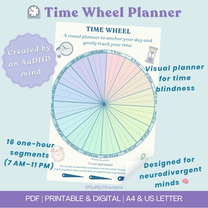 Puede incluir: Un planificador imprimible de Time Wheel con un diseño circular colorido, diseñado para mentes neurodivergentes. El planificador presenta 16 segmentos de una hora de 7 a 23 h, e incluye el texto "Time Wheel" y "Visual planner for time blindness."