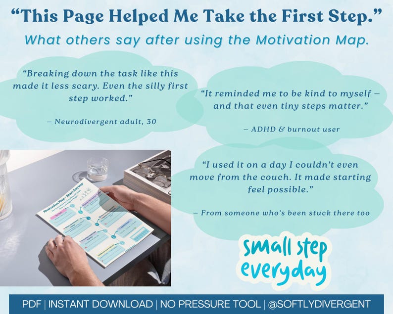 May include: A motivational poster with the text "This Page Helped Me Take the First Step." The poster includes quotes from users of the Motivation Map, and the words "small step everyday". The bottom of the poster says "PDF | INSTANT DOWNLOAD | NO PRESSURE TOOL | @SOFTLYDIVERGENT".