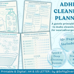 Könnte beinhalten: Druckbarer ADHD-Reinigungsplaner mit Checkliste, Wochen- und Monatstrackern sowie einem Schnell- und Tiefenreinigungssystem. Enthält visuelle Tracker und ein Bingospiel. Erhältlich in A4- und US-Letter-Formaten.
