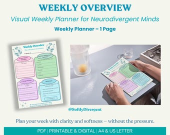 May include: A printable weekly planner designed for neurodivergent minds. The planner features a colourful design with sections for tracking appointments, energy levels, and daily goals. The text "Weekly Overview" and "Plan with peace, not pressure" is included on the planner.