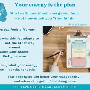 K&ouml;nnte beinhalten: Ein ausdruckbares Energieniveau-Diagramm auf einem Klemmbrett. Das Diagramm hat Abschnitte f&uuml;r verschiedene Energieniveaus, mit einer Batterie-Grafik und dem Text "Your energy is the plan". Der Text "PDF | PRINTABLE & DIGITAL | A4 & US LETTER" ist ebenfalls enthalten.