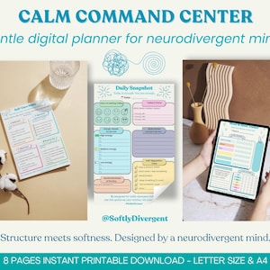 Op de afbeelding: Een digitale planner met de titel "Calm Command Center" en de tekst "Gentle digital planner for neurodivergent minds". De planner heeft een kleurrijk ontwerp met een dagelijkse momentopnamepagina, een pagina voor zelfzorggewoonten en een pagina voor het bijhouden van de stemming. De planner is ontworpen om mensen te helpen hun emoties te beheren en een gevoel van rust te creëren.