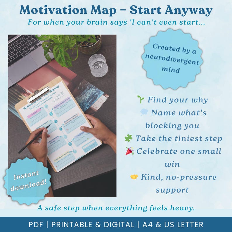 May include: A motivational map titled "Motivation Map - Start Anyway" with the text "For when your brain says 'I can't even start..." is held by a person. The map includes prompts like "Find your why" and "Name what's blocking you." The image also includes the text "Instant download!"
