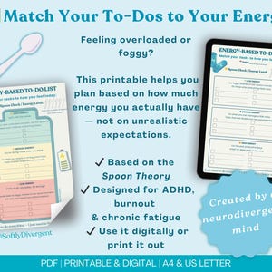 K&ouml;nnte beinhalten: Eine digitale und druckbare Energie-basierte To-Do-Liste, konzipiert f&uuml;r ADHS, Burnout und chronische M&uuml;digkeit. Die Liste hilft bei der Planung von Aufgaben basierend auf dem Energieniveau, nicht auf unrealistischen Erwartungen.