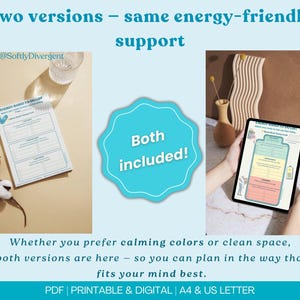 K&ouml;nnte beinhalten: Ein Bild, das zwei Versionen einer energiebasierten To-Do-Liste zeigt. Eine ist eine gedruckte Liste, die andere auf einem Tablet. Der Text lautet "Two versions - same energy-friendly support" und "Both included!". Der Text unten lautet "PDF | PRINTABLE & DIGITAL | A4 & US LETTER".