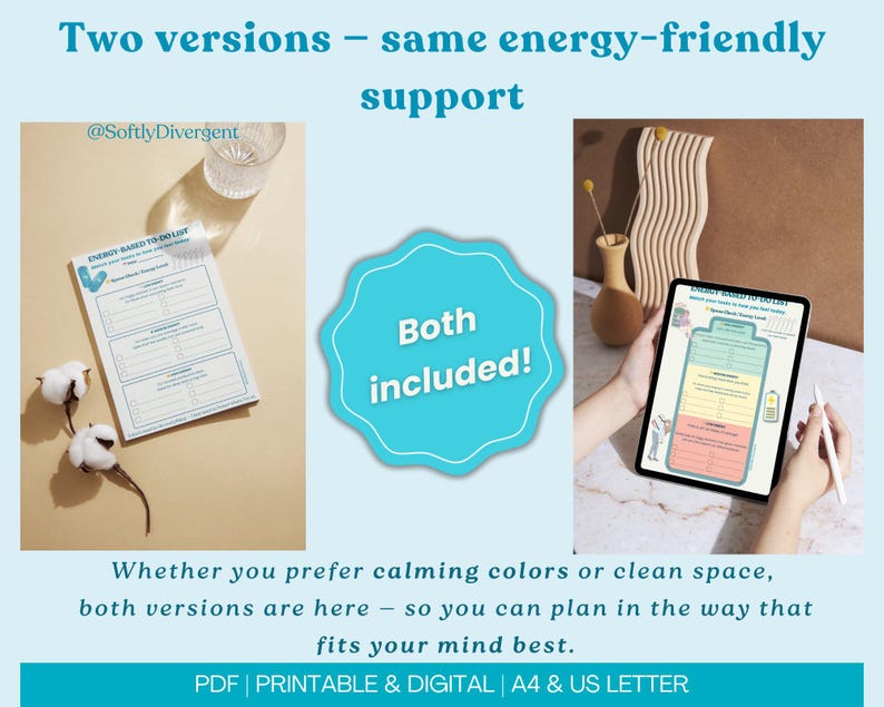 K&ouml;nnte beinhalten: Ein Bild, das zwei Versionen einer energiebasierten To-Do-Liste zeigt. Eine ist eine gedruckte Liste, die andere auf einem Tablet. Der Text lautet "Two versions - same energy-friendly support" und "Both included!". Der Text unten lautet "PDF | PRINTABLE & DIGITAL | A4 & US LETTER".