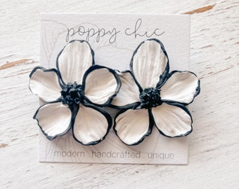 Black and White Clay Flower Stud Earrings