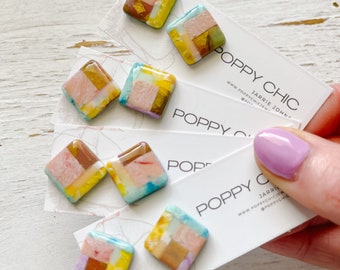 Mosaic Square Studs, Mosaic Earrings, Mosaic Dangles, Handmade Clay Earrings, Bright Colors