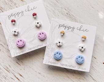 Clay Stud Pack, Polymer Clay Stud Earrings, Cottage-core, Gift for Teen, Gift for Tween, Mushroom Earrings, Happy Face Studs